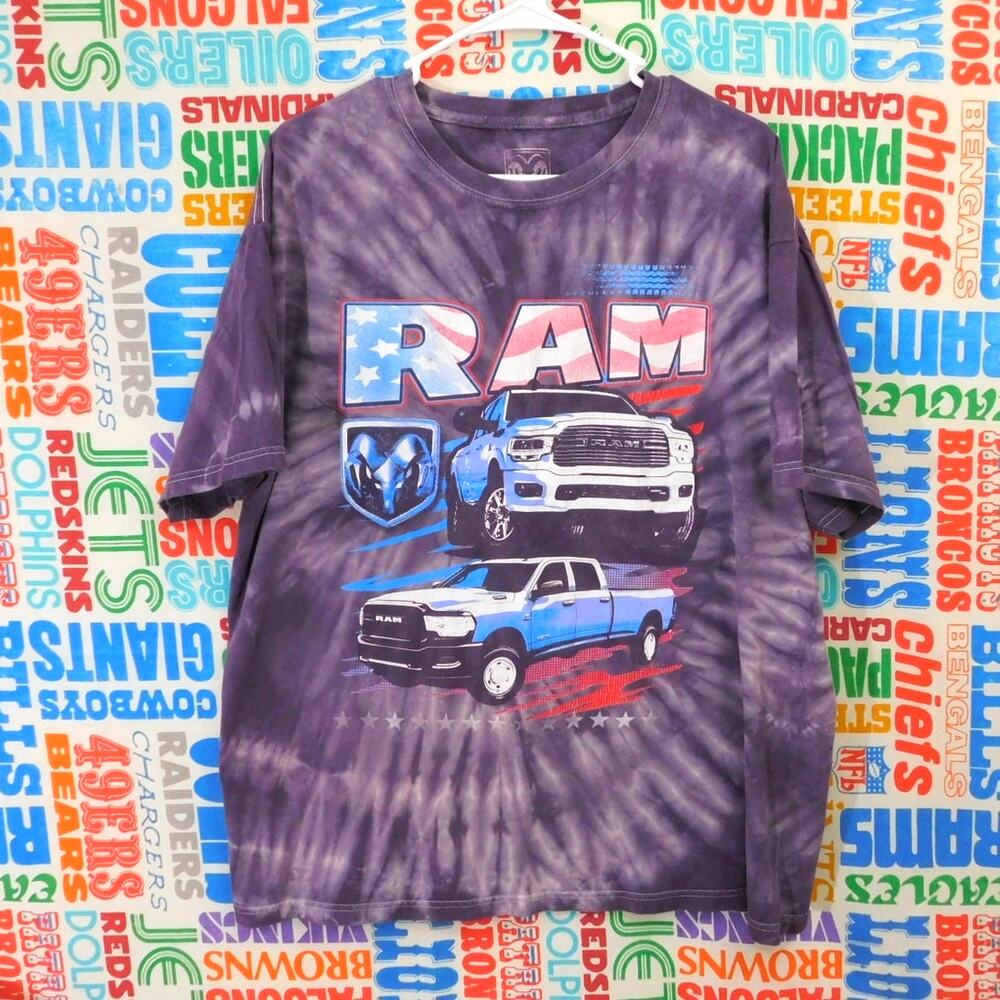 Dodge RAM Tie Dye Graphic T Shirt Size L Purple Pickup Trucks Flag